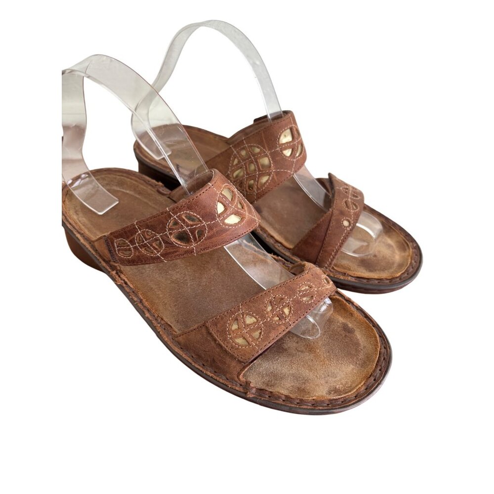 Naot Brown Leather Slip-On Sandals With Embroidered Detail & Low Wedge Heel